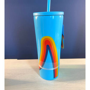 ALDI Biggest Fan Stainless Steel Tumbler w Lid Straw Blue Rainbow 24-oz NWT